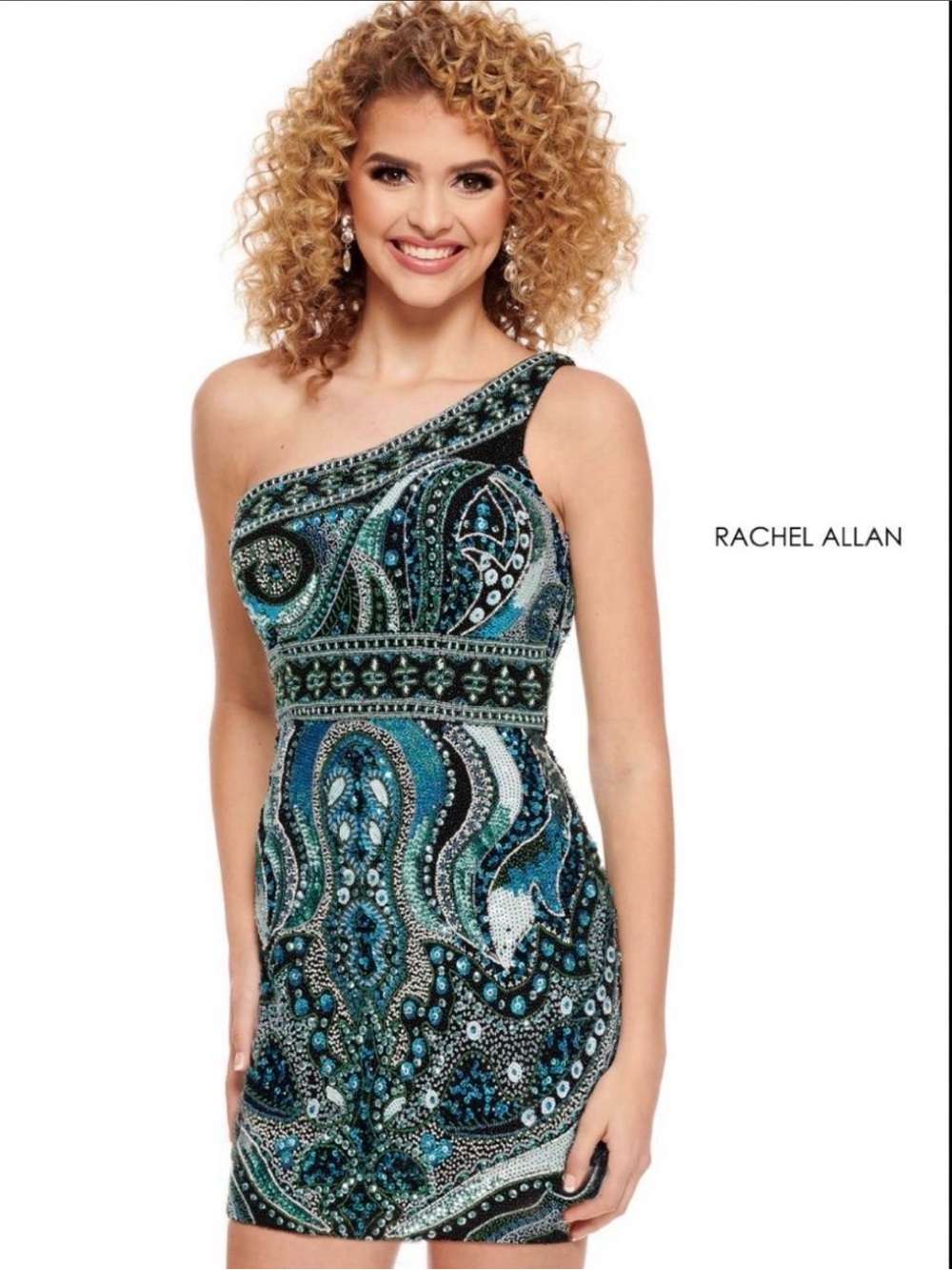 Rachel Allan Teal and Black One-Shoulder Beaded Cocktail Dress